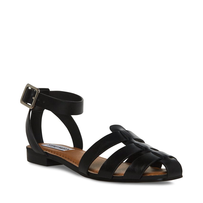 Black Steve Madden Media Leather Women's Flat Sandals | PH 4573WTB